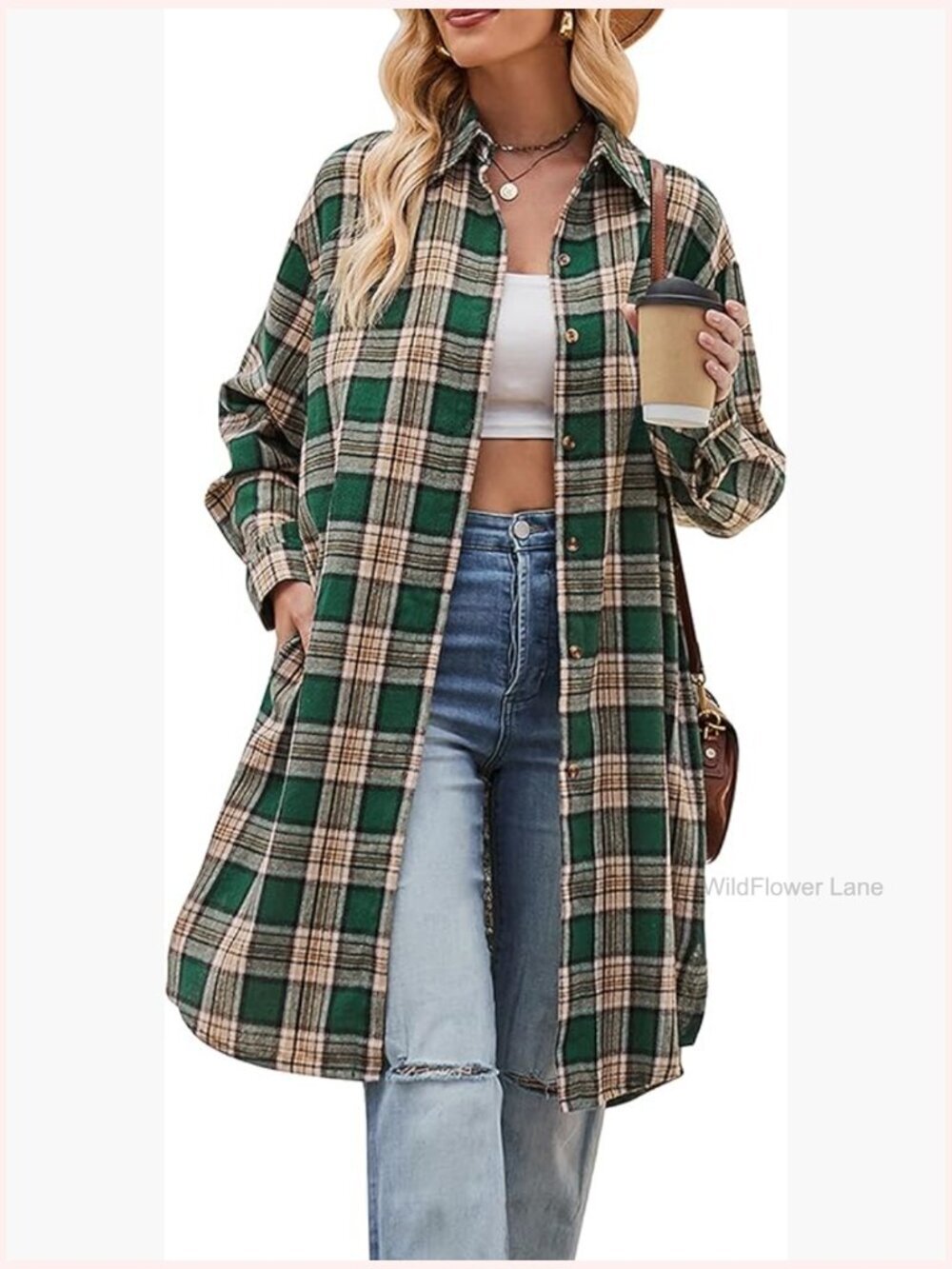 Oversized Mid Long Plaid Flannel Shirt with Pockets